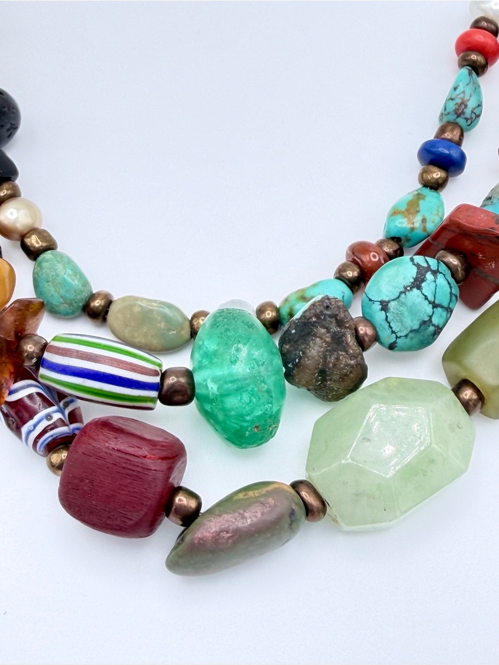 Vintage Peyote Bird Sterling 3-Strand Leather Multi-Stone Blown Glass Necklace - Picture 9 of 16